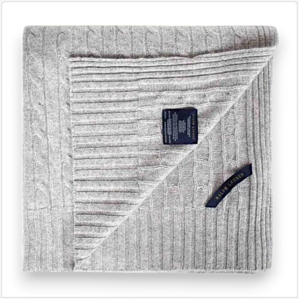 Ralph Lauren Heather Gray Cable Knit 100% Cashmere Throw Blanket 60 x 60 NWT New